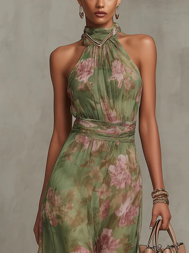Women's Floral Halter-Neck Everyday Day Dress Pleated Belted Midi