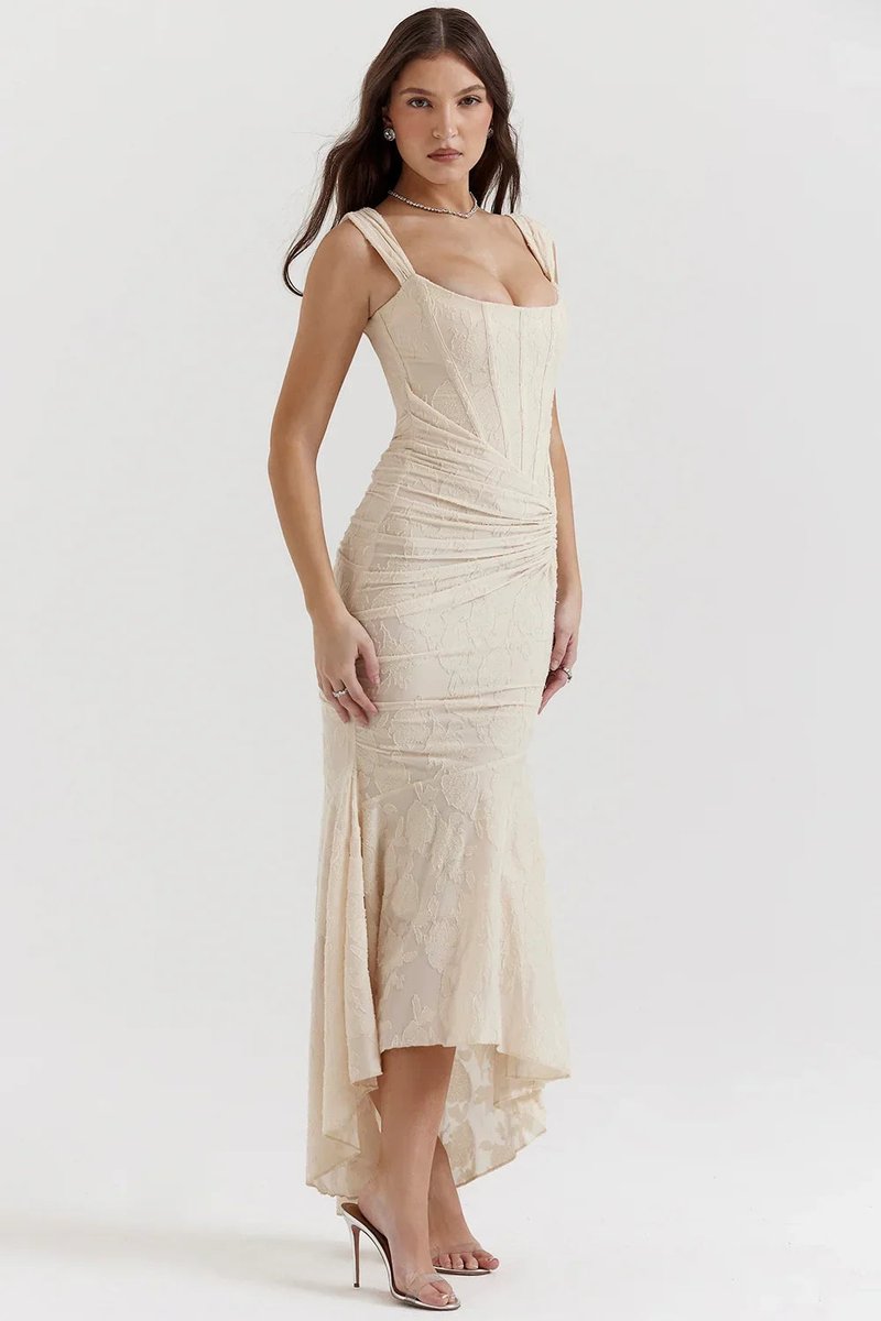 Women's Floral Jacquard Corset Midi Party Dress Wide Strap