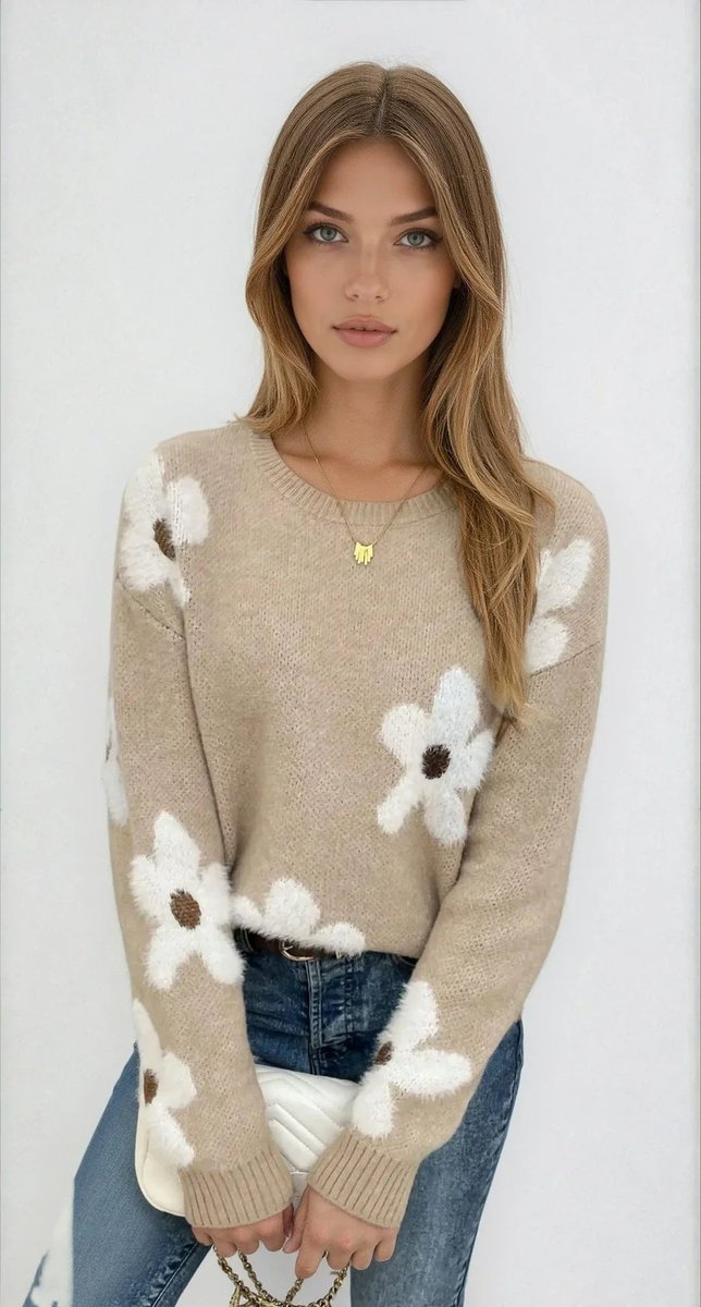 Women's Floral Knitted Jumper Soft Crew Neck Pullover