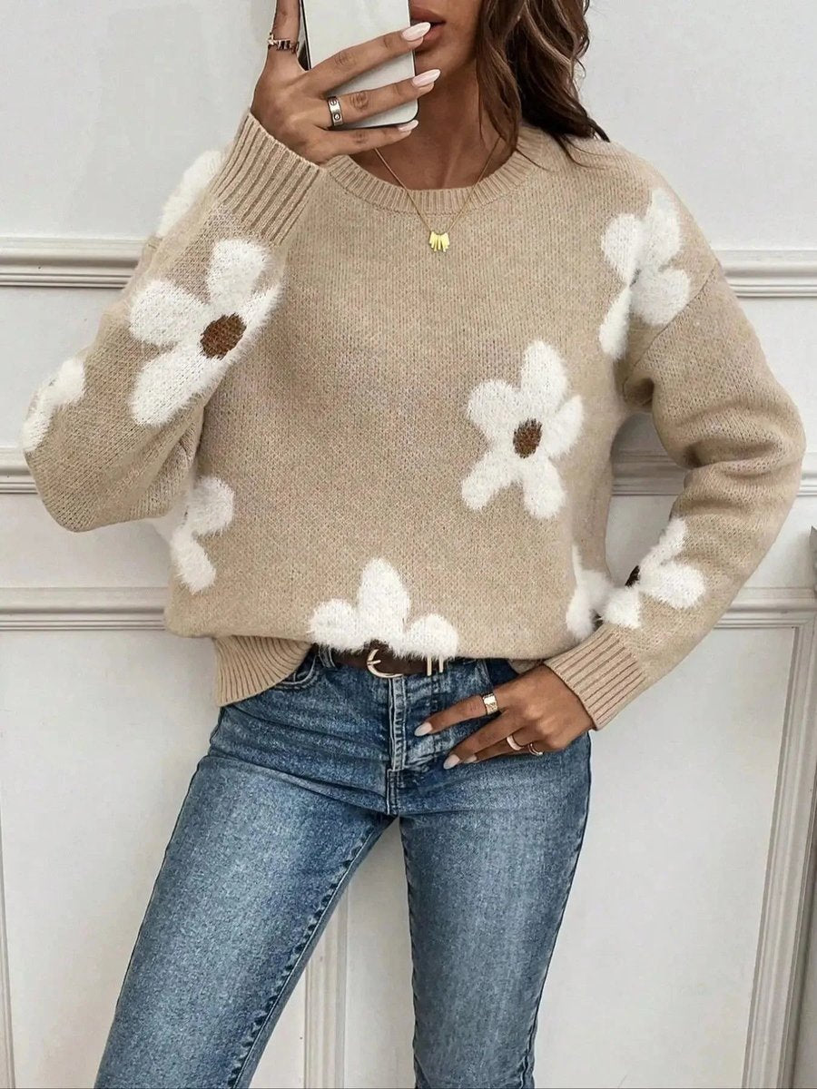Women's Floral Knitted Jumper Soft Crew Neck Pullover