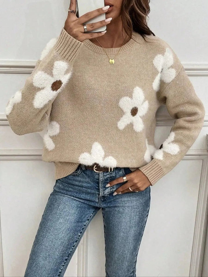 Women's Floral Knitted Jumper Soft Crew Neck Pullover