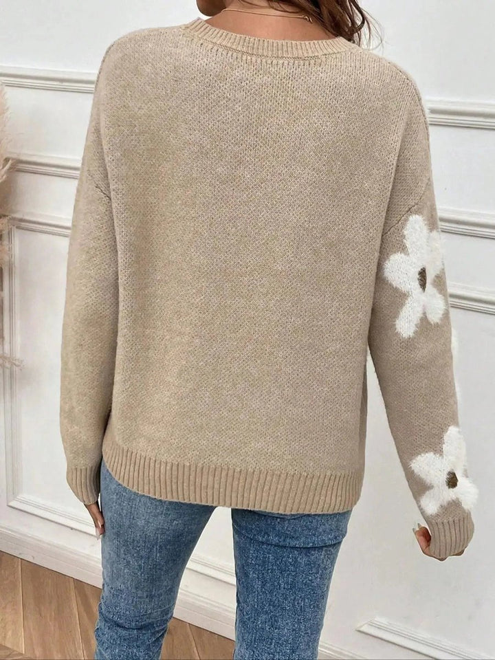 Women's Floral Knitted Jumper Soft Crew Neck Pullover