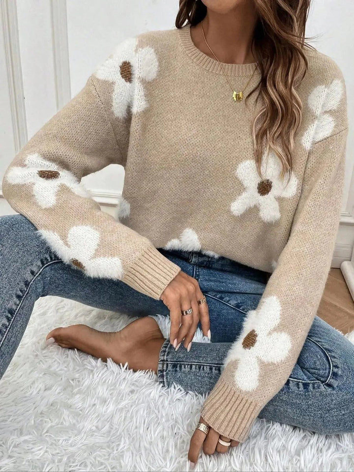 Women's Floral Knitted Jumper Soft Crew Neck Pullover