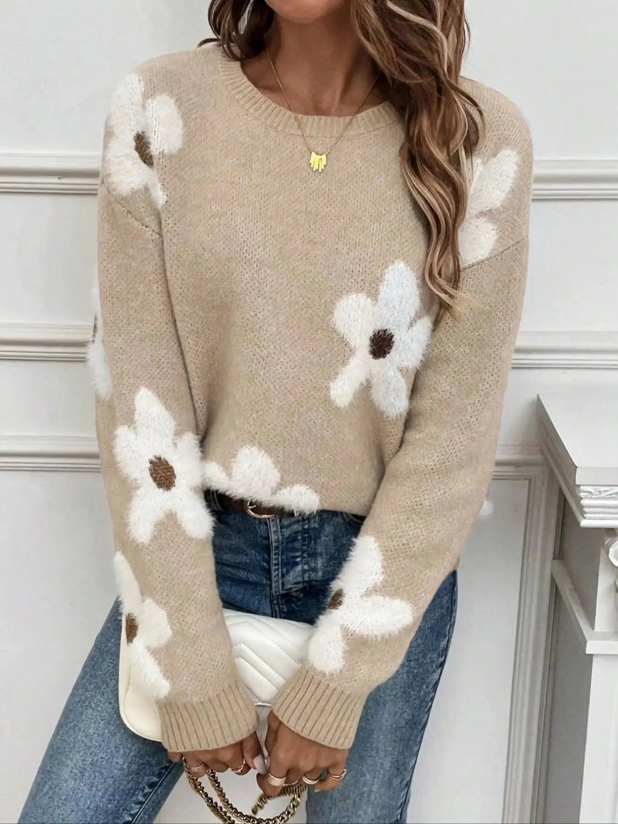 Women's Floral Knitted Jumper Soft Crew Neck Pullover