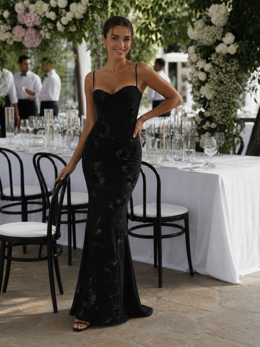 Women's Floral Lace Corset Bodice Spaghetti Strap Maxi Party Dress