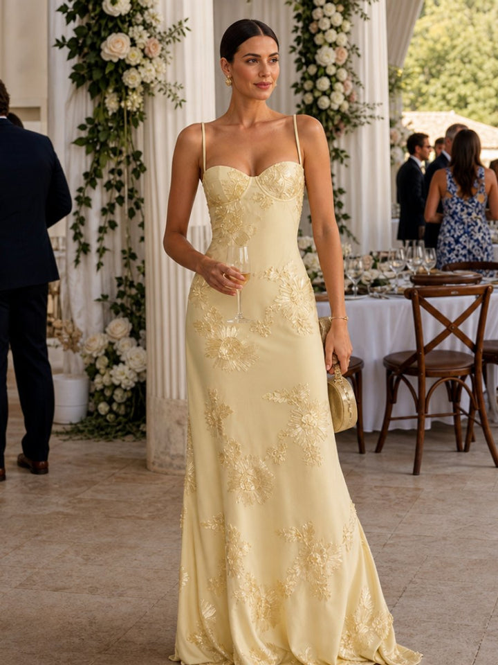Women's Floral Lace Corset Bodice Spaghetti Strap Maxi Party Dress