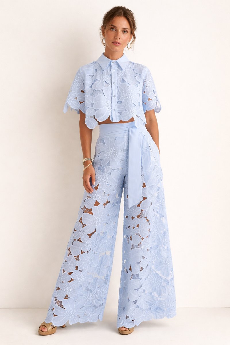 Women's Floral Lace Crop Shirt Collar Scalloped Hem Blouse