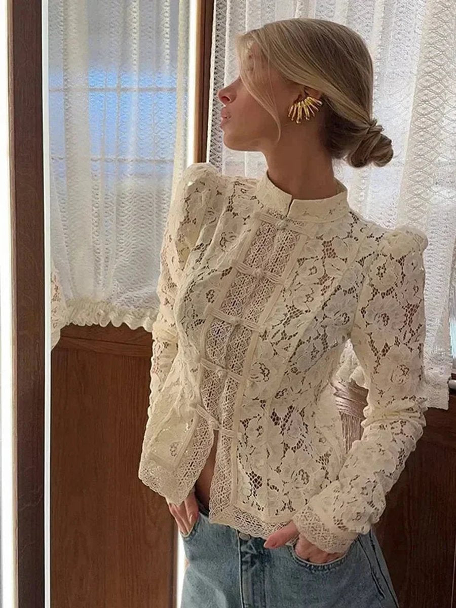 Women's Floral Lace Long-Sleeve Roll-Neck Vintage Blouse