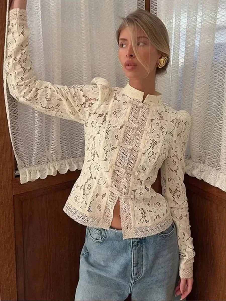 Women's Floral Lace Long-Sleeve Roll-Neck Vintage Blouse