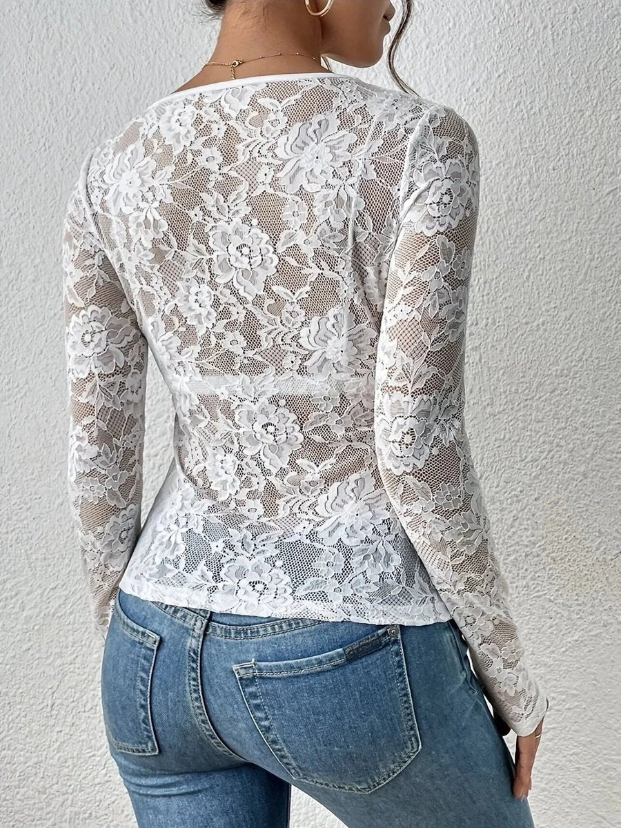 Women's Floral Lace Long-Sleeve V-Neck Blouse