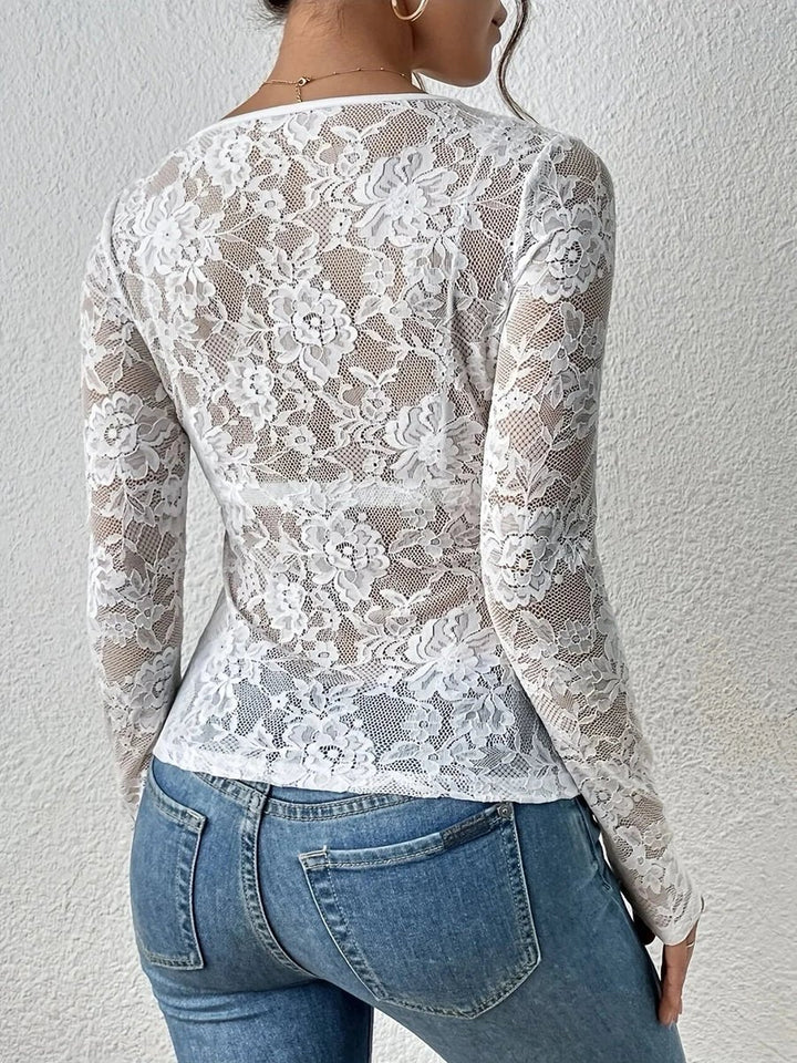 Women's Floral Lace Long-Sleeve V-Neck Blouse