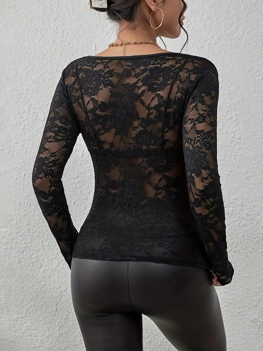 Women's Floral Lace Long-Sleeve V-Neck Blouse