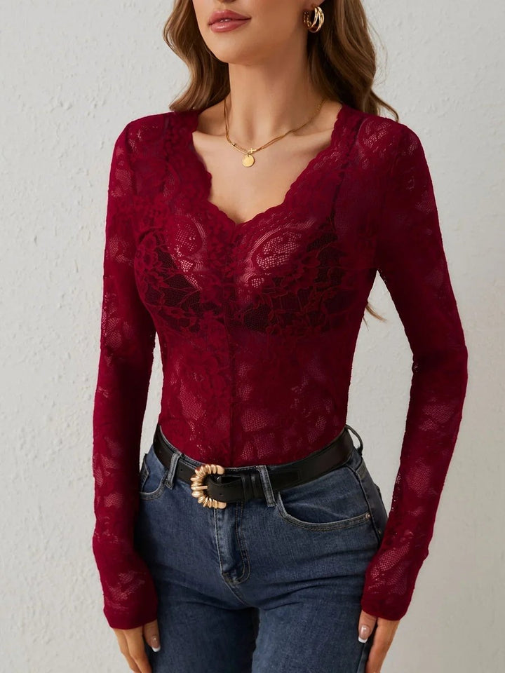 Women's Floral Lace Long-Sleeve V-Neck Blouse