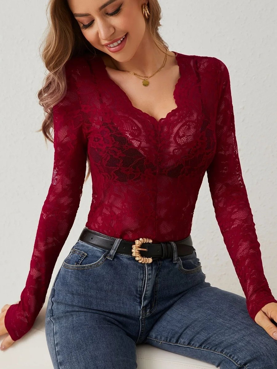 Women's Floral Lace Long-Sleeve V-Neck Blouse