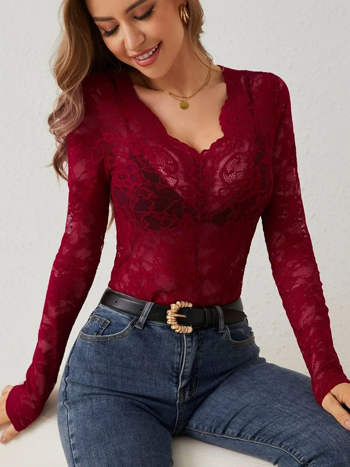 Women's Floral Lace Long-Sleeve V-Neck Blouse