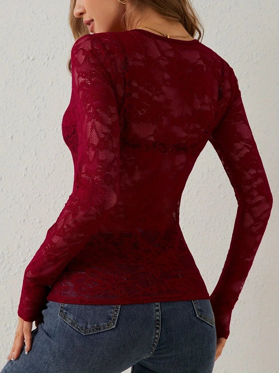 Women's Floral Lace Long-Sleeve V-Neck Blouse