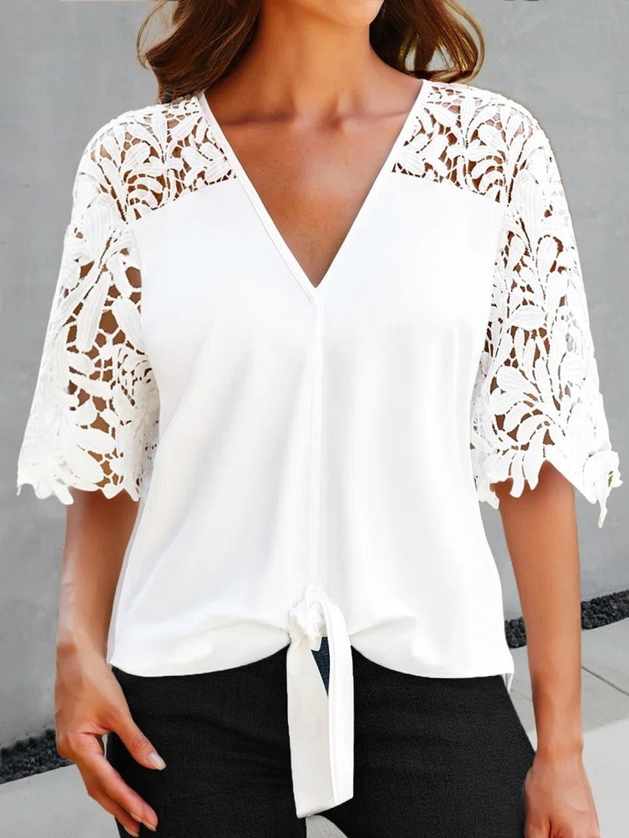 Women's Floral Lace Sleeve V-Neck Tie-Front Blouse