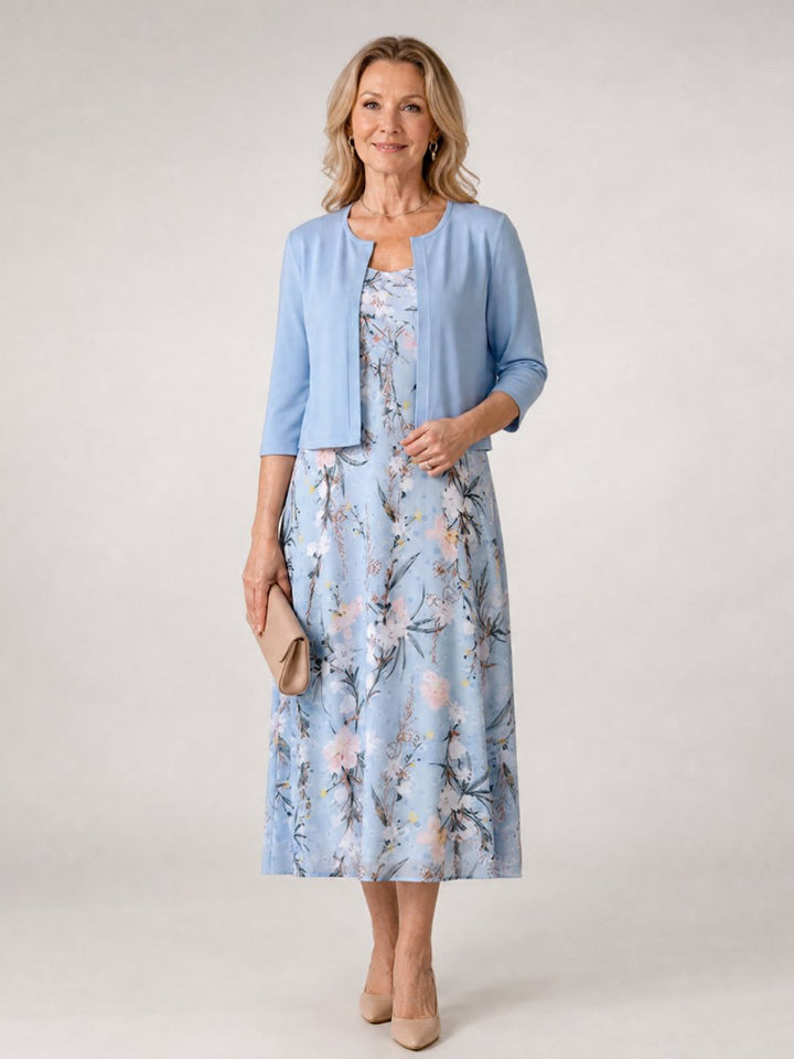 Women's Floral Midi Everyday Day Dress Sleeveless Cropped Jacket Set