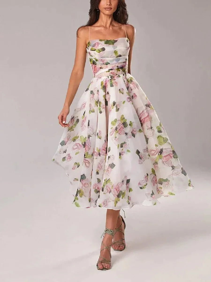 Women's Floral Midi Everyday Day Dress Spaghetti Strap Full Skirt