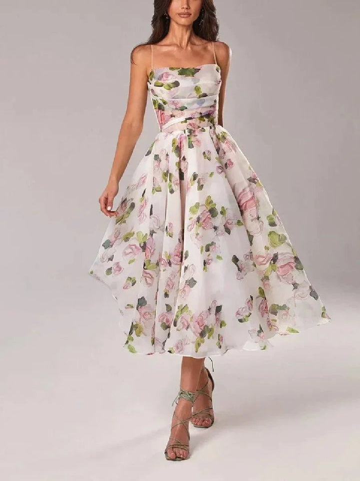Women's Floral Midi Everyday Day Dress Spaghetti Strap Full Skirt