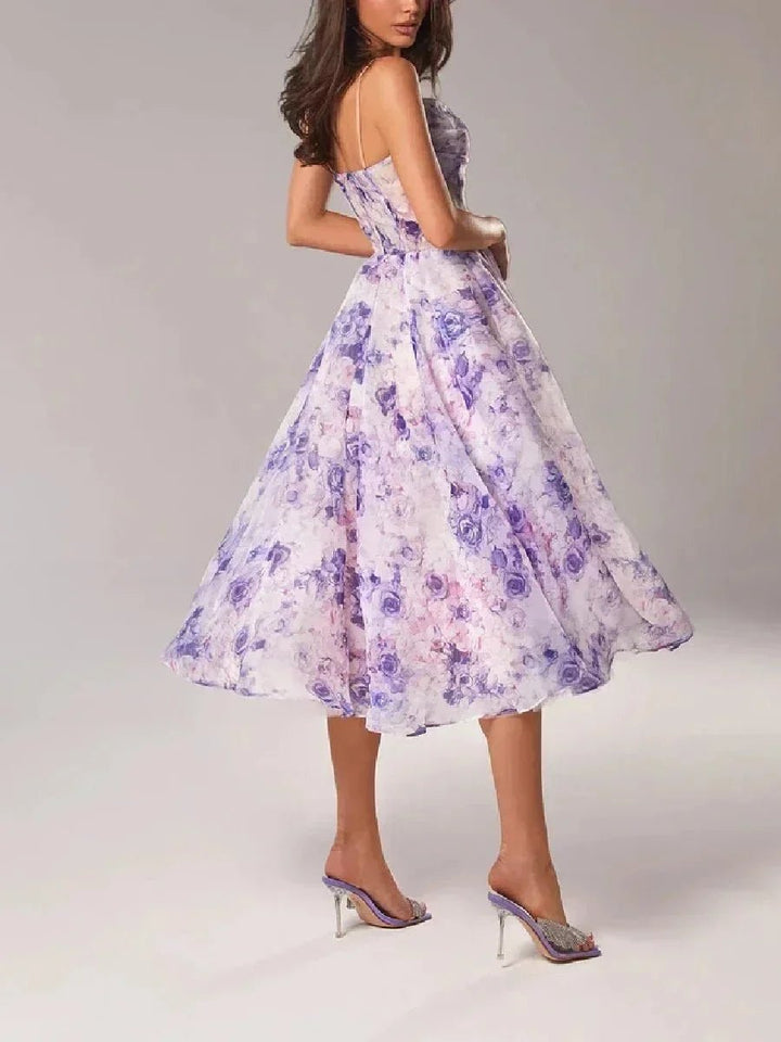 Women's Floral Midi Everyday Day Dress Spaghetti Strap Full Skirt