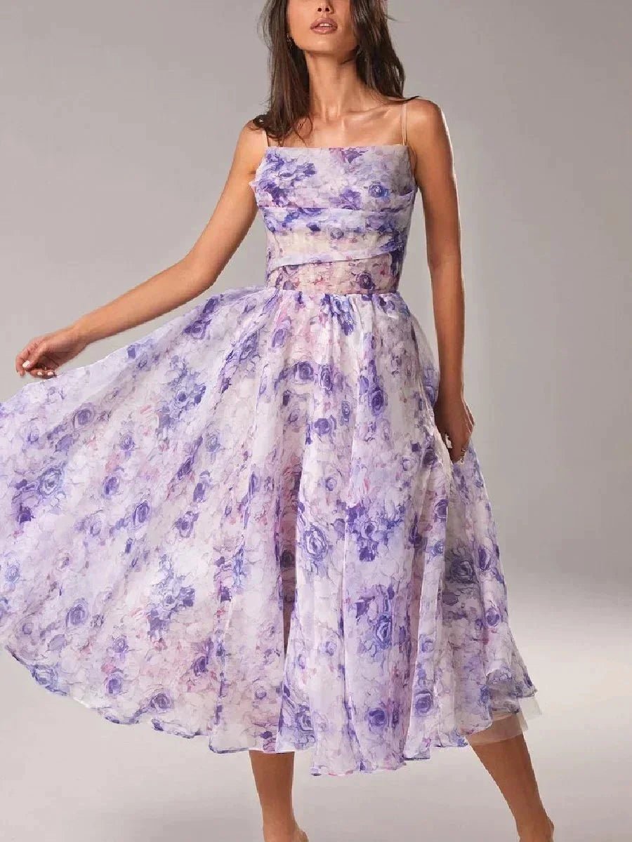 Women's Floral Midi Everyday Day Dress Spaghetti Strap Full Skirt