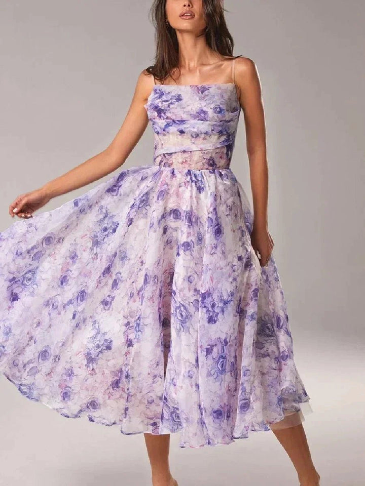 Women's Floral Midi Everyday Day Dress Spaghetti Strap Full Skirt