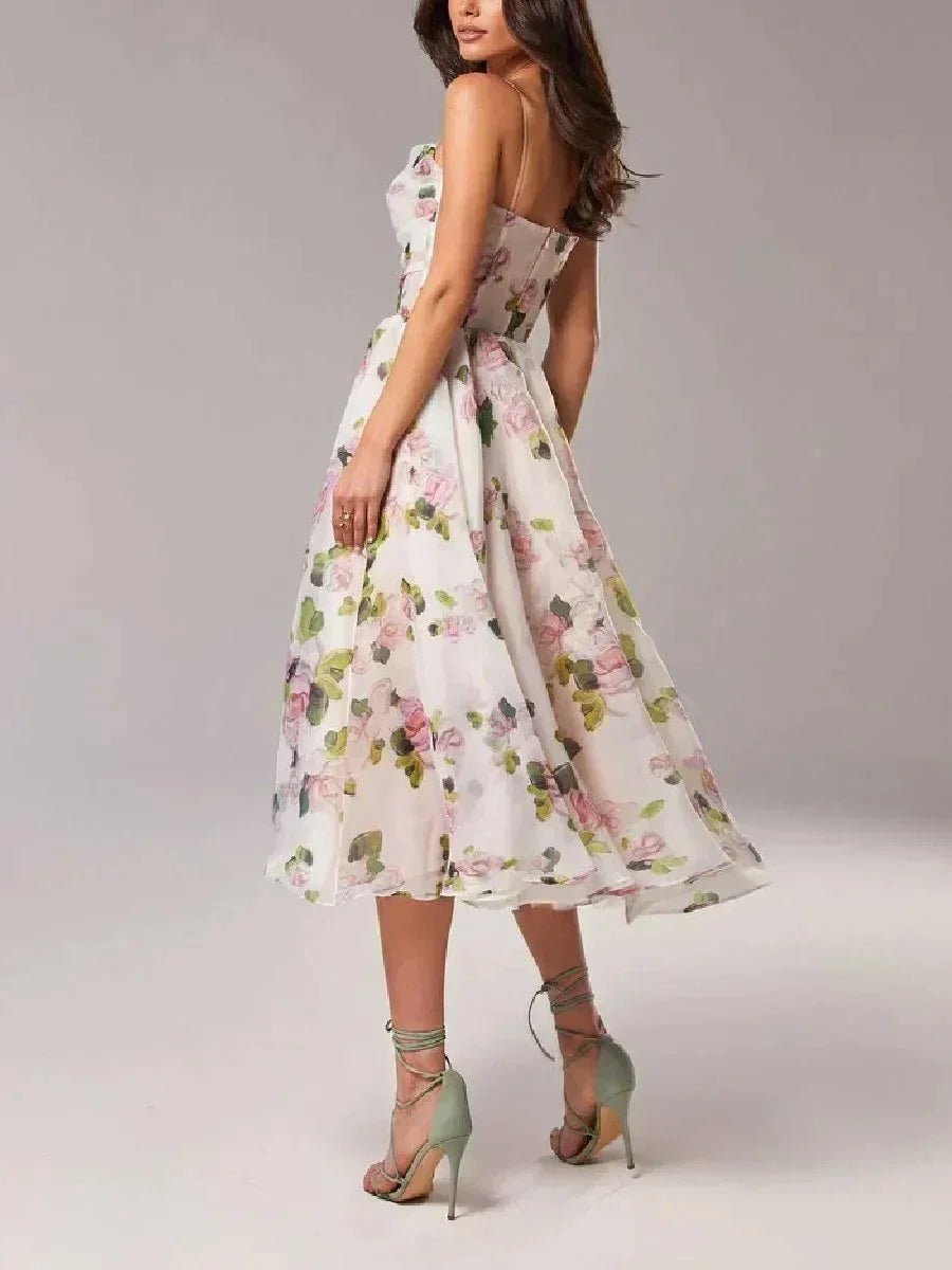 Women's Floral Midi Everyday Day Dress Spaghetti Strap Full Skirt