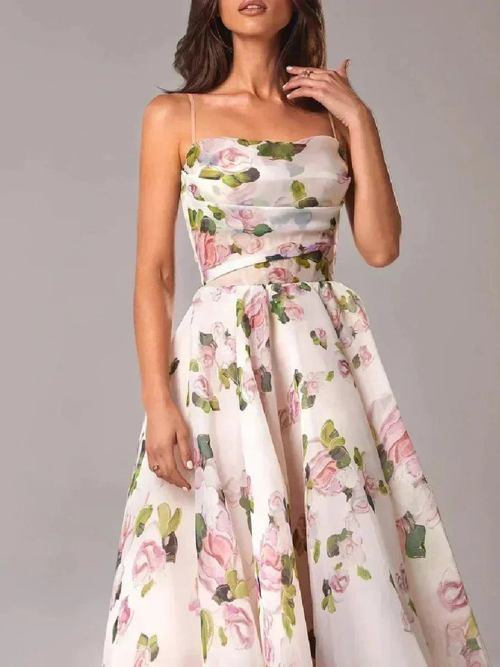 Women's Floral Midi Everyday Day Dress Spaghetti Strap Full Skirt