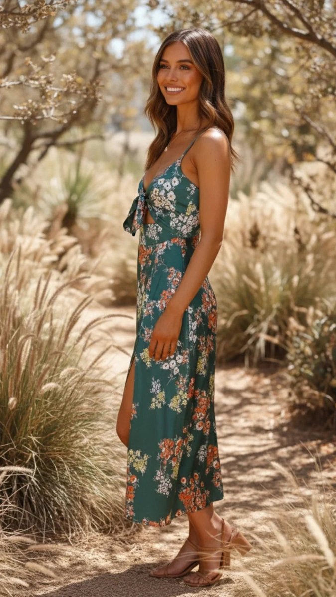 Women's Floral Midi Everyday Day Dress Tie-Front Slit
