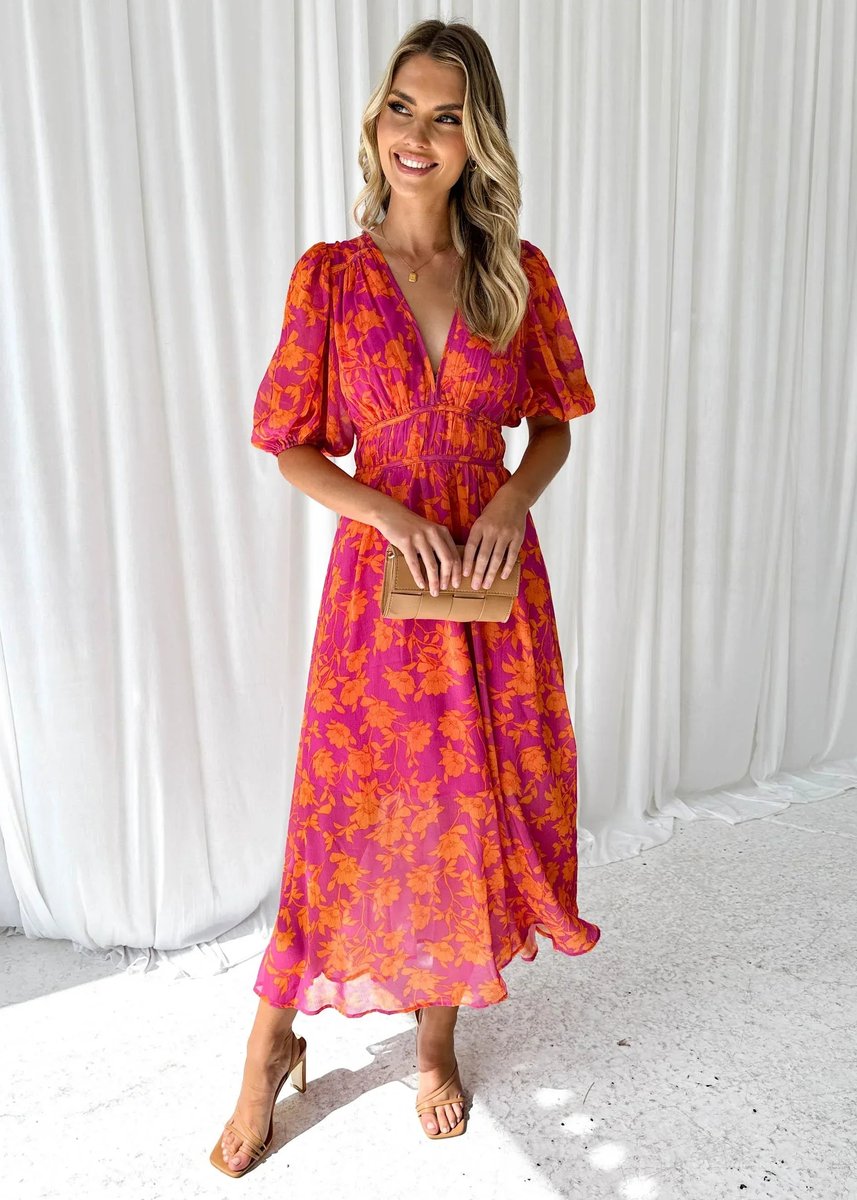 Women's Floral Midi Everyday Day Dress V-Neck Puff Sleeve