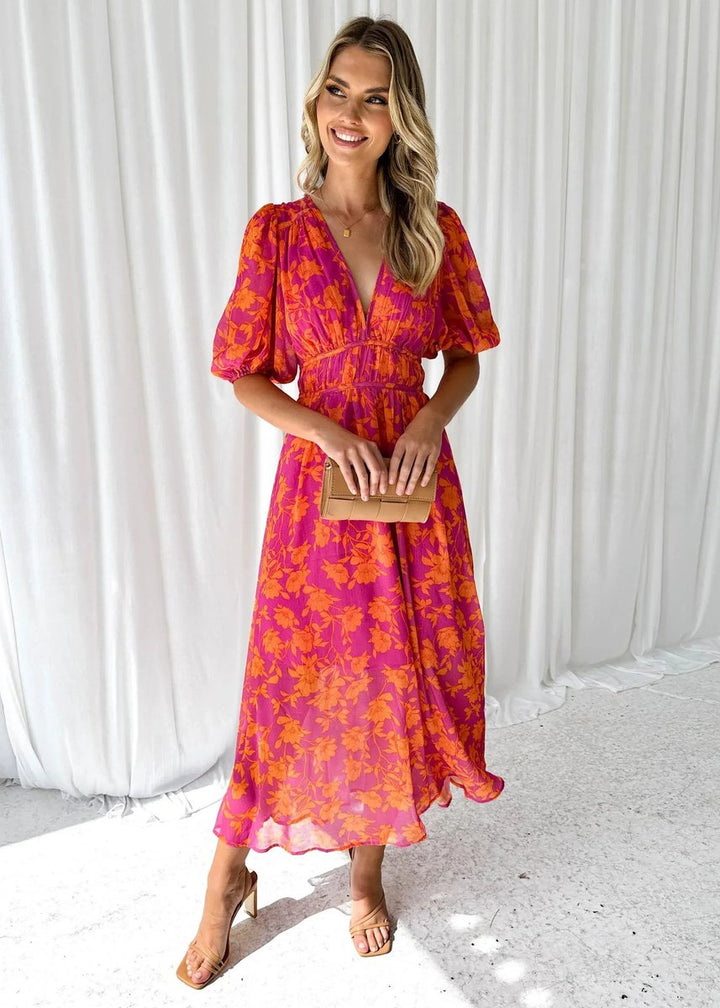 Women's Floral Midi Everyday Day Dress V-Neck Puff Sleeve