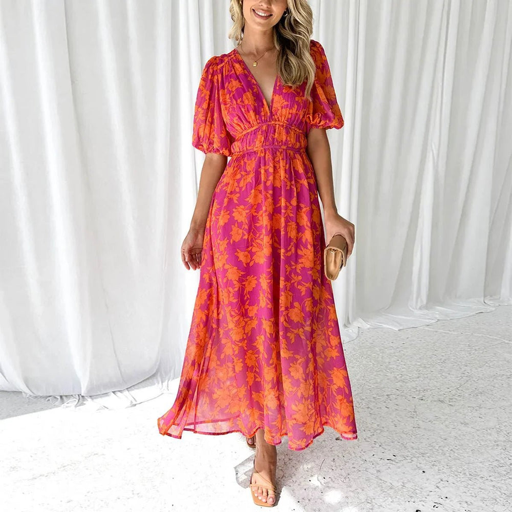 Women's Floral Midi Everyday Day Dress V-Neck Puff Sleeve