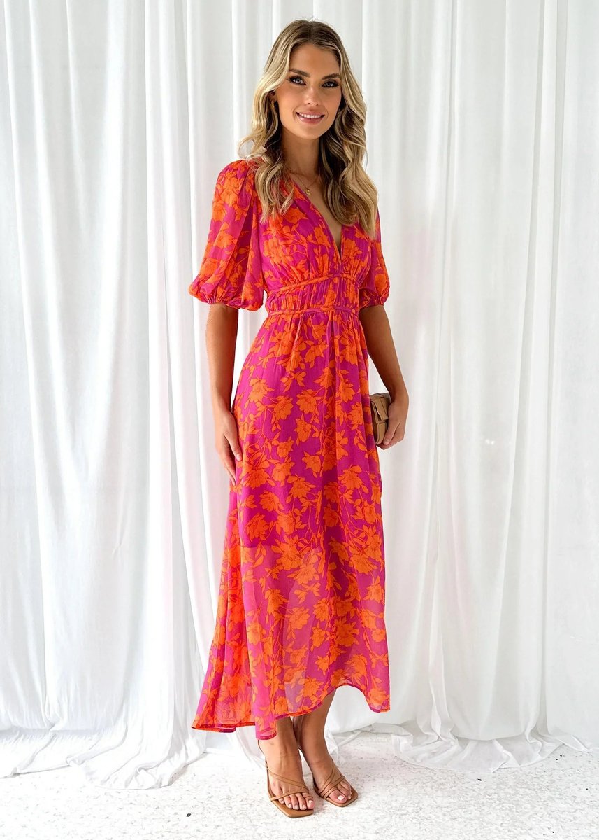 Women's Floral Midi Everyday Day Dress V-Neck Puff Sleeve