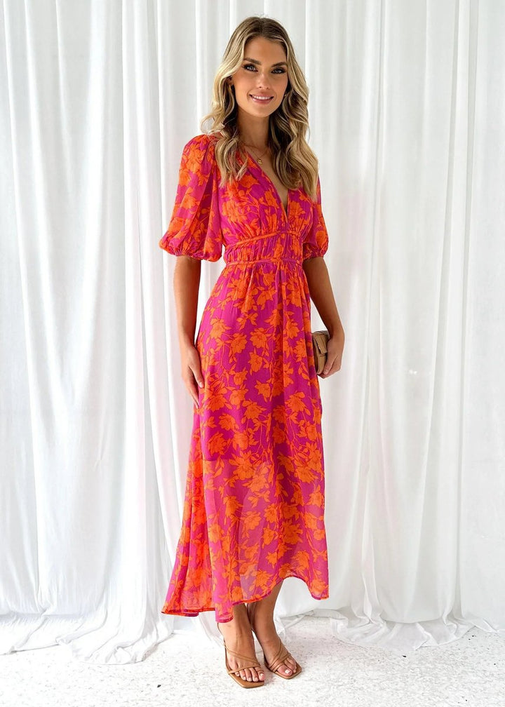 Women's Floral Midi Everyday Day Dress V-Neck Puff Sleeve