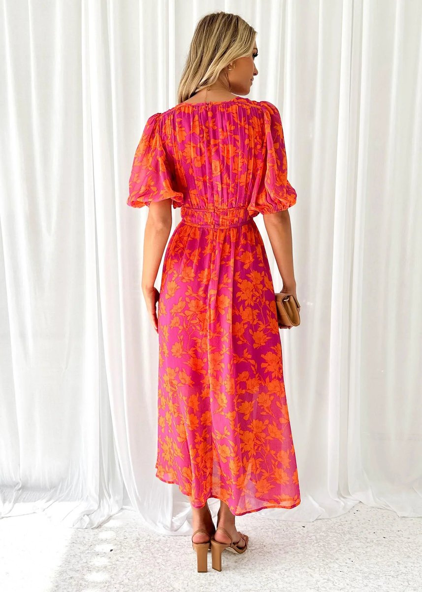 Women's Floral Midi Everyday Day Dress V-Neck Puff Sleeve