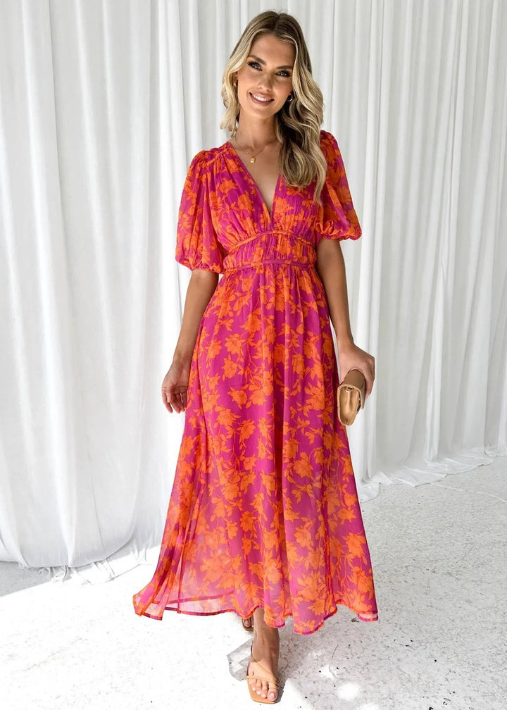 Women's Floral Midi Everyday Day Dress V-Neck Puff Sleeve