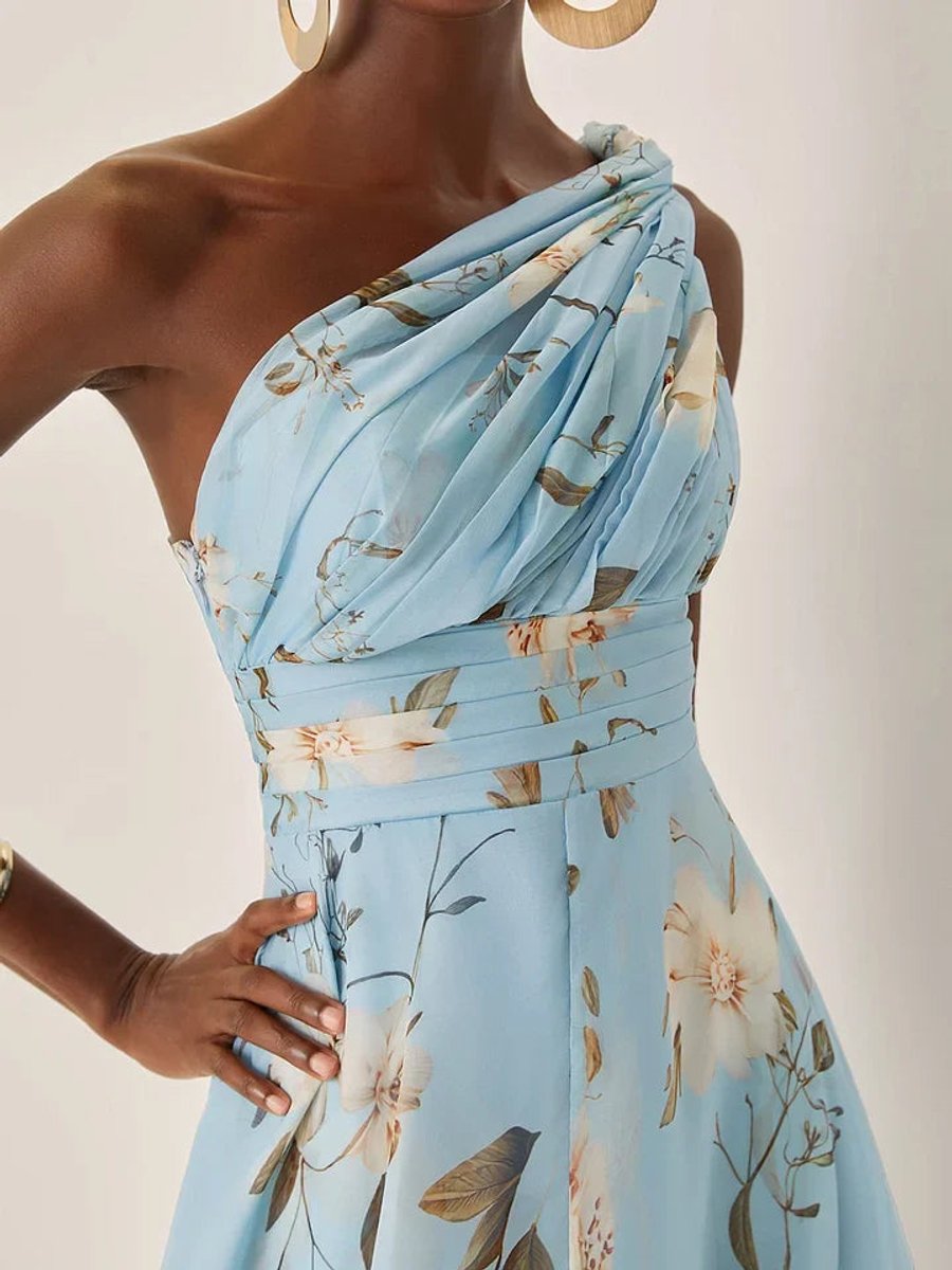 Women's Floral One-Shoulder Midi Party Dress Everyday Day Dresses