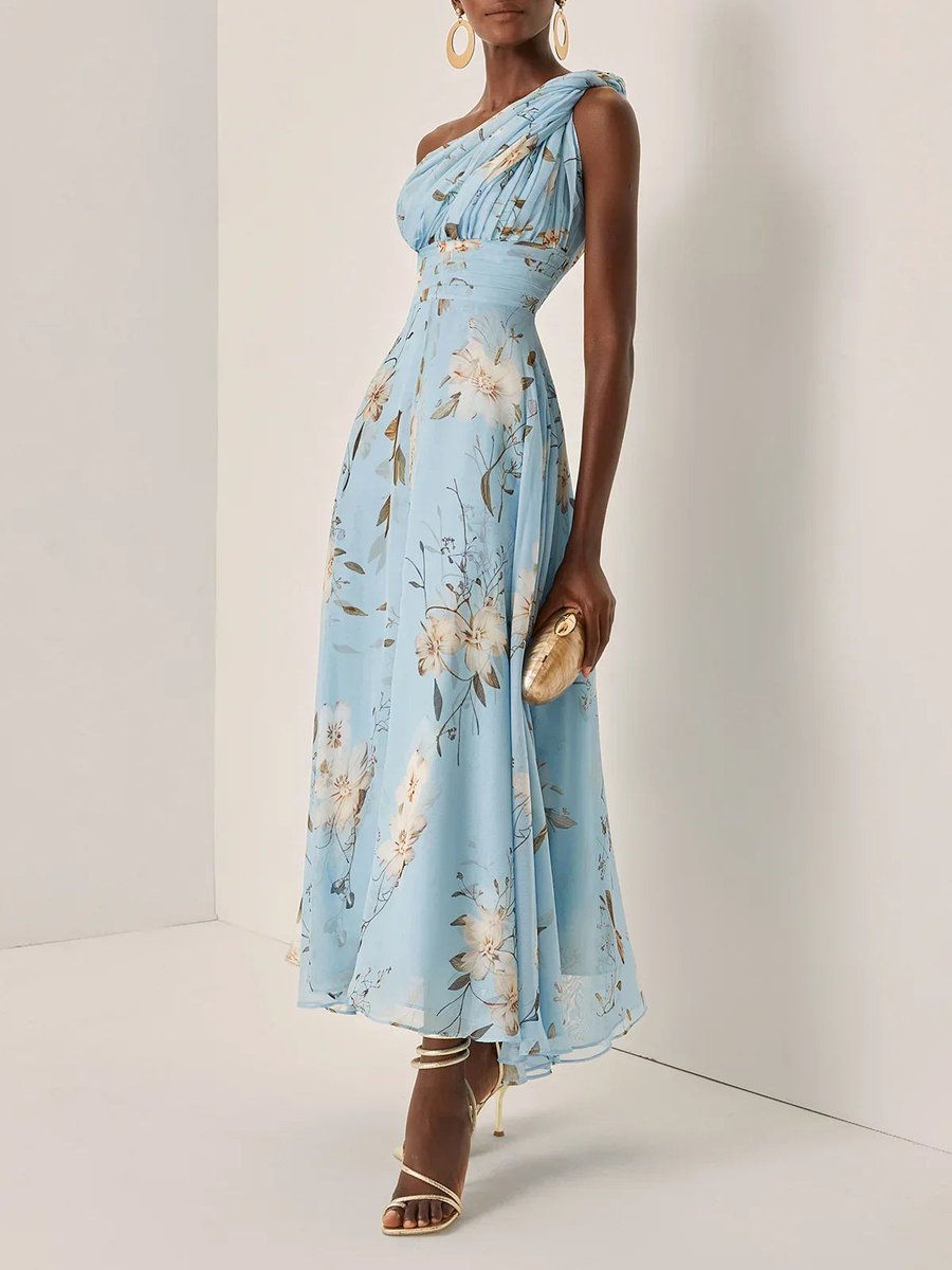 Women's Floral One-Shoulder Midi Party Dress Everyday Day Dresses
