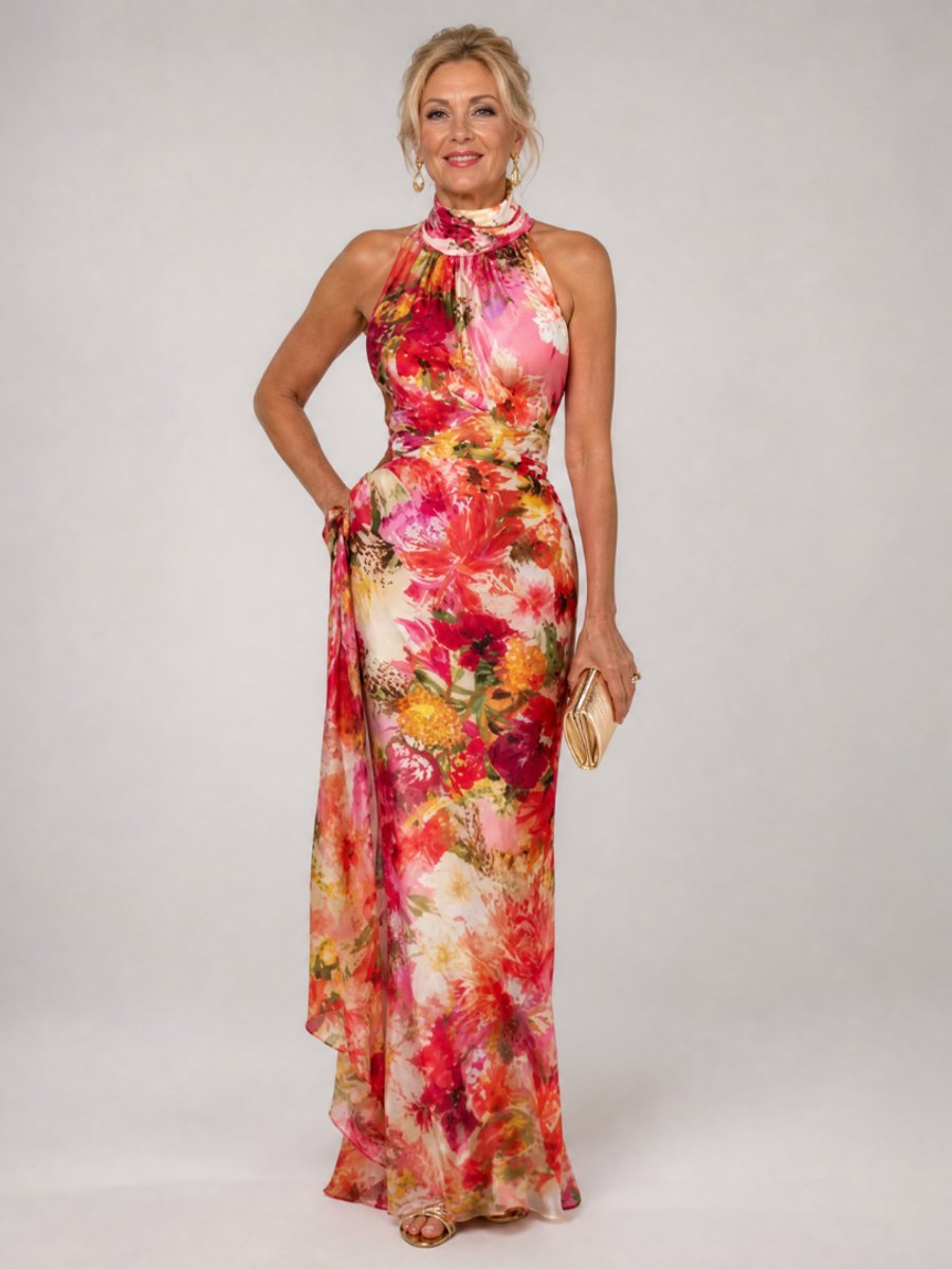 Women's Floral Print Halter Neck Flowing Maxi Party Dress