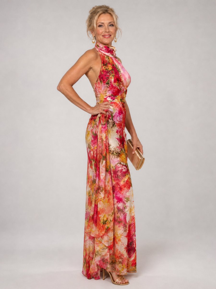 Women's Floral Print Halter Neck Flowing Maxi Party Dress