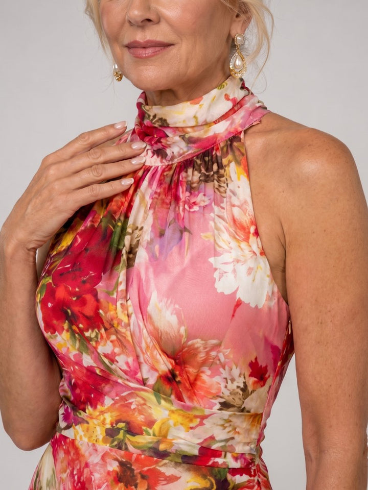 Women's Floral Print Halter Neck Flowing Maxi Party Dress