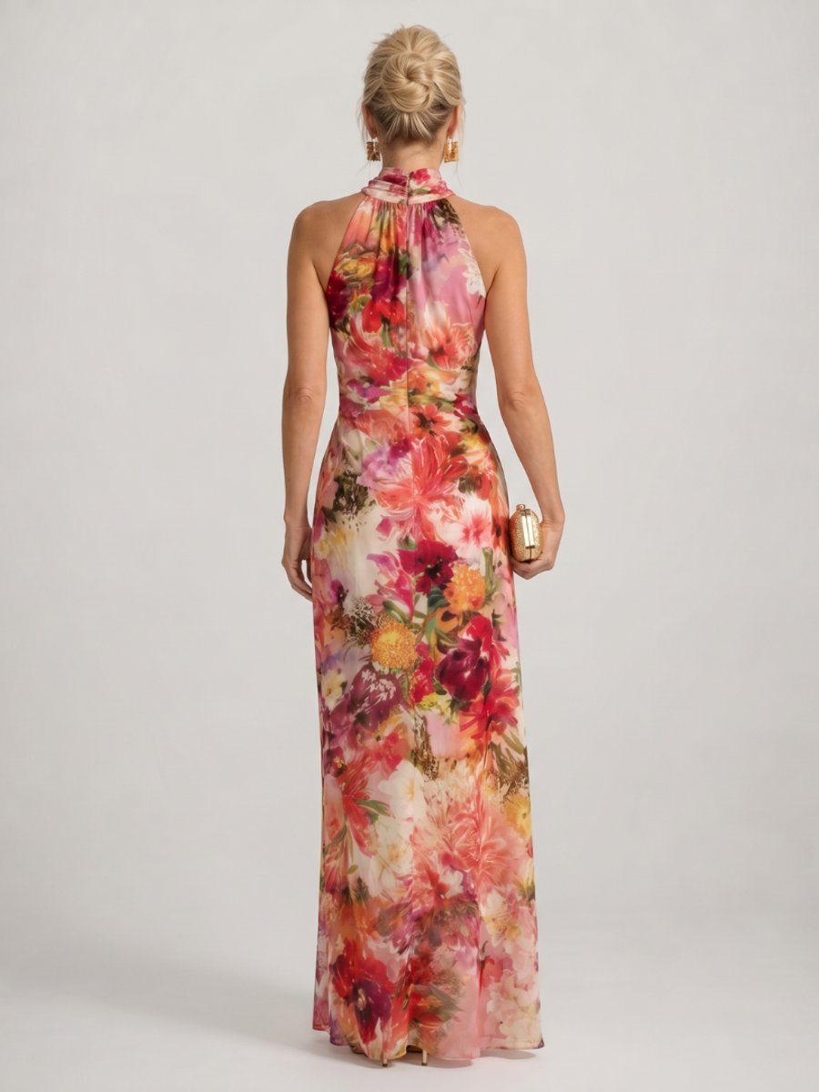 Women's Floral Print Halter Neck Flowing Maxi Party Dress