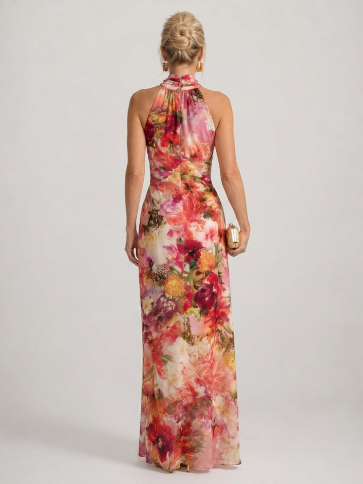 Women's Floral Print Halter Neck Flowing Maxi Party Dress