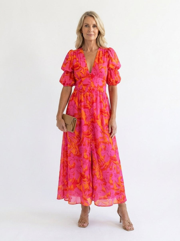 Women's Floral Puff Sleeve Everyday Day Dress V-Neck Midi
