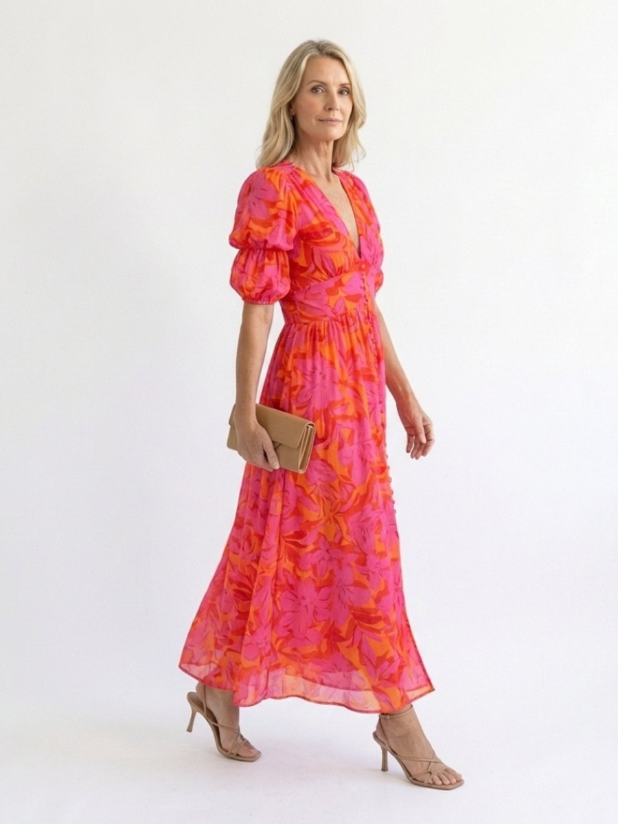Women's Floral Puff Sleeve Everyday Day Dress V-Neck Midi