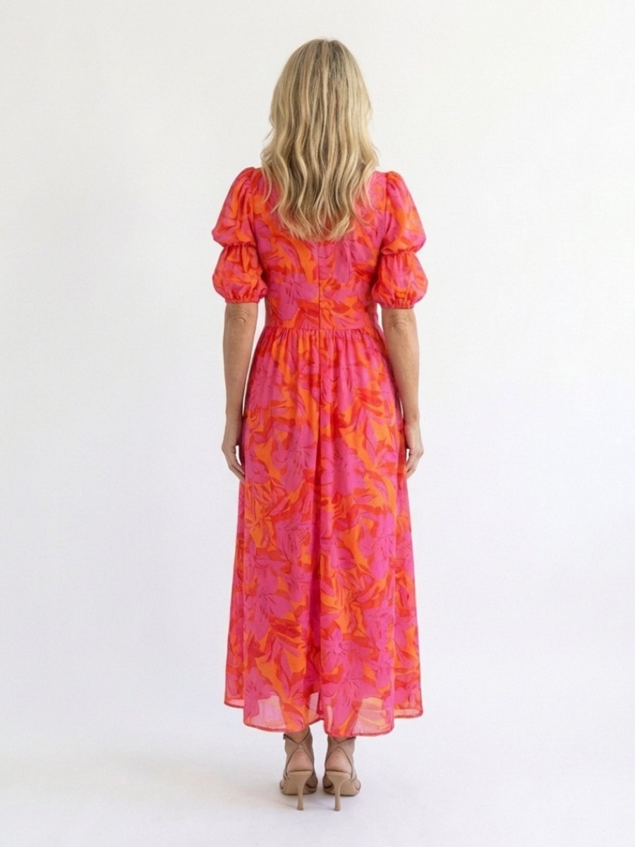 Women's Floral Puff Sleeve Everyday Day Dress V-Neck Midi