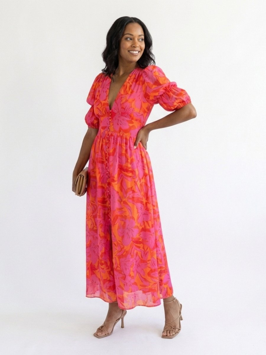 Women's Floral Puff Sleeve Everyday Day Dress V-Neck Midi
