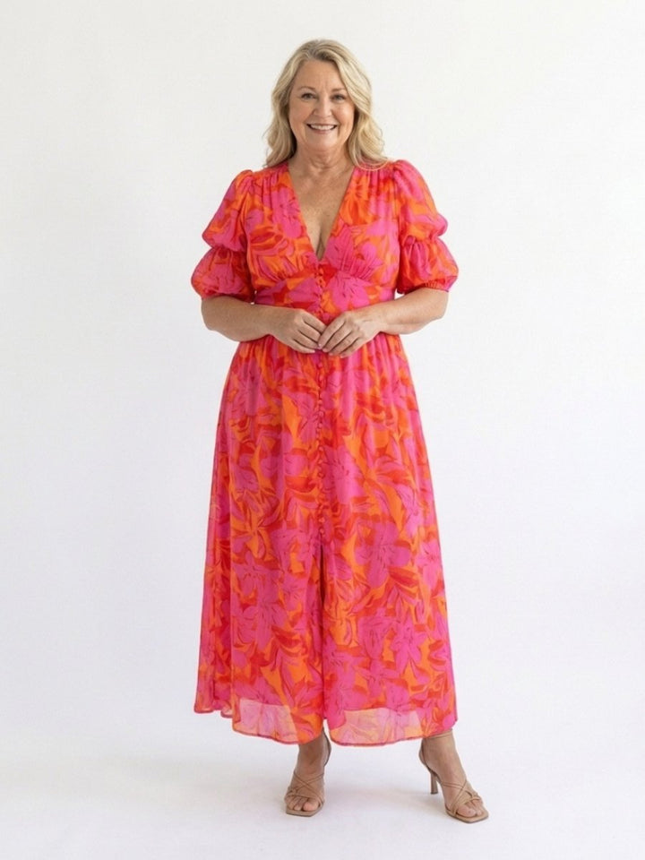 Women's Floral Puff Sleeve Everyday Day Dress V-Neck Midi