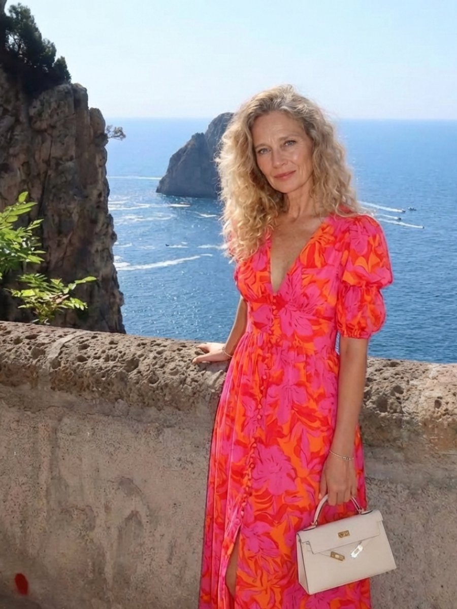 Women's Floral Puff Sleeve Everyday Day Dress V-Neck Midi